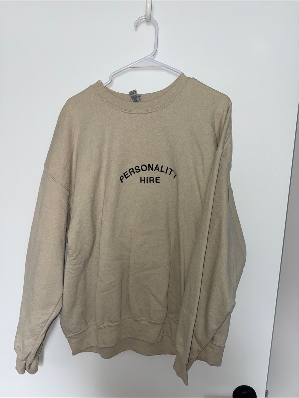 Gildan Tan Crewneck Sweatshirt with 'PERSONALITY HIRE' Chest Print